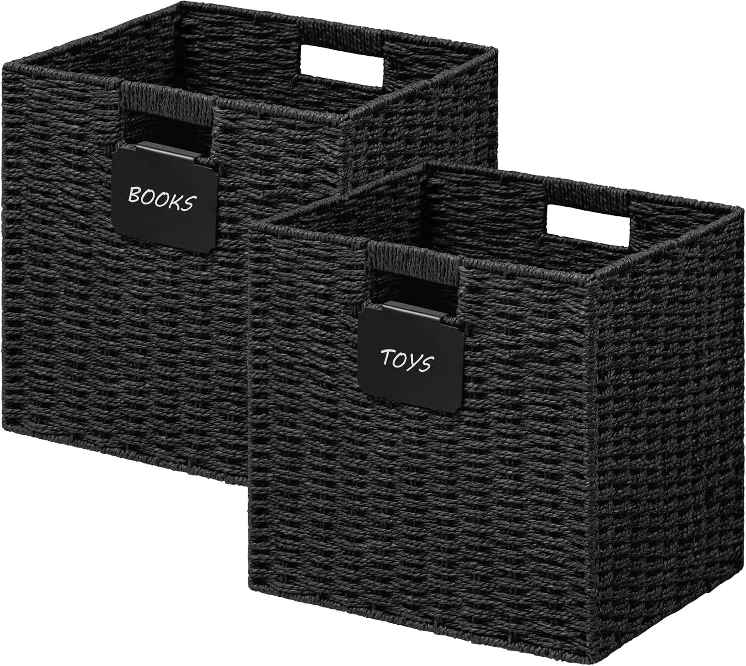 UBBCARE 2 Pack Wicker Basket, 10.5×10.5 Storage Cubes with Label, Foldable Cube Storage Bin with Handle, Square Storage Basket for Shelves, Woven Paper Rope Basket for Organizing, Black by GreenHaven Gardens