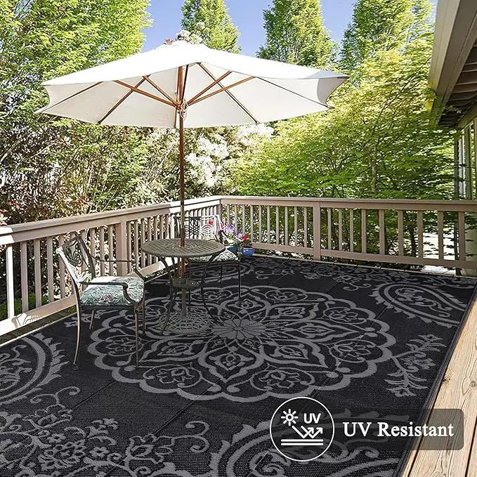 Pauwer Waterproof Outdoor Rug 8x10, Reversible Plastic Straw Patio Camping Rug, Indoor Outdoor RV Mat Carpet for Deck, Camper, Porch, Balcony, Backyard, Picnic, Boho Black Grey by GreenHaven Gardens