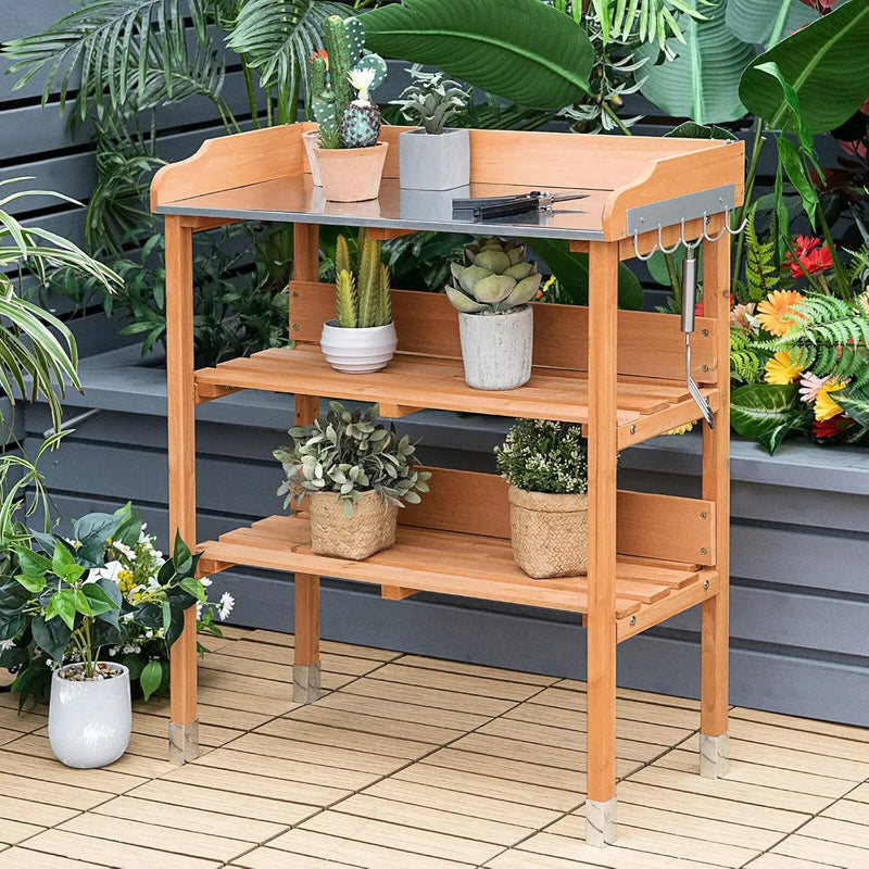 S AFSTAR Potting Bench, Work Station with Fir Wood Construction & Metal Tabletop, Garden Planting Table w/Open Shelves and Hanging Hooks, Gardening Table Potting Table for Outside Backyard Balcony by GreenHaven Gardens