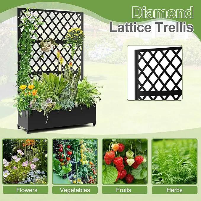 Metal Planter Trellis Box with Wheels & Drain Plug Outdoor Raised Garden Bed Patio Privacy Screen with Planter for Climbing Plants, Vegetables 73"x47"x16" Black-Diamond by GreenHaven Gardens