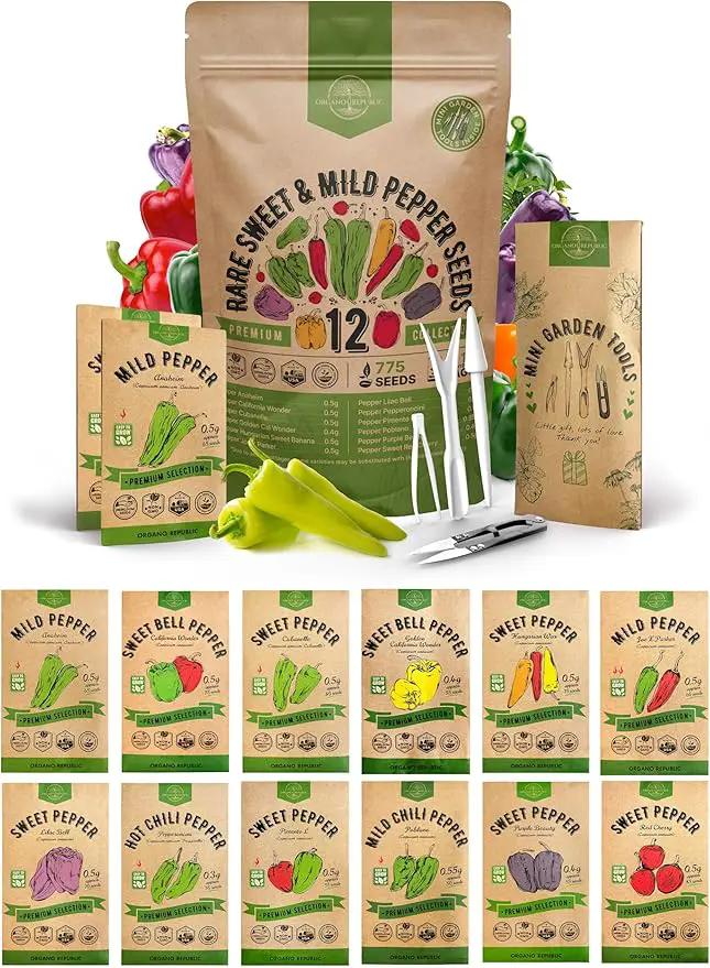 Organo Republic 12 Rare Sweet & Mild Pepper Seeds Variety Pack - 770+ Non-GMO Heirloom Pepper Seeds for Outdoor and Indoor Home Gardening, Including Pepper Anaheim, Pepperonchini, Pimento, Lilac Bell by GreenHaven Gardens