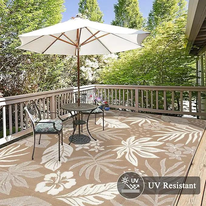 Pauwer Waterproof Outdoor Rug 9x12, Reversible Plastic Straw Patio Camping Rug, Indoor Outdoor RV Mat Carpet for Deck, Camper, Porch, Balcony, Backyard, Picnic, Floral Brown by GreenHaven Gardens