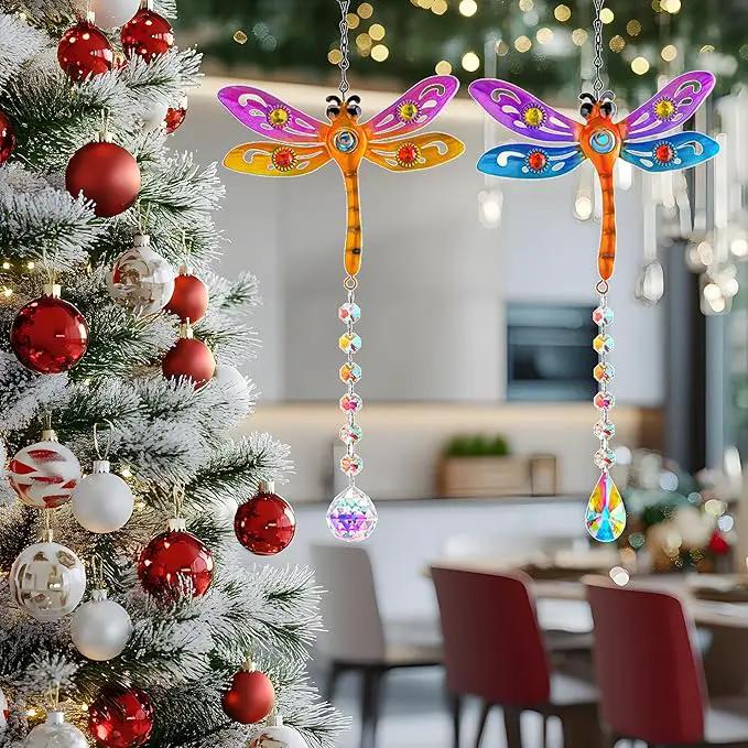 Crystal Dragonfly Suncatchers for Christmas, 2 Pack Dragonfly Sun Catcher for Windows Hanging, Stained Glass Dragonfly Ornament for Outdoor Home Decor by GreenHaven Gardens