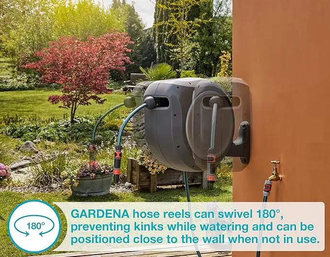 GARDENA 20505, 100' Retractable Garden Hose Reel with US Hose Threads - 100' x 1/2" hose, Automatic Retraction & Length Lock for Easy Watering. Heavy Duty Swivel Bracket 180°, Includes Nozzle. by GreenHaven Gardens