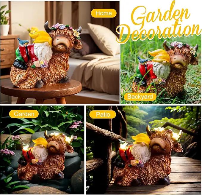 Garden Gnome Statue - Highland Cow with Solar Flower LED Lights and Bird - Funny Outdoor Decor for Table, Patio, Lawn - Unique Birthday Gifts for Mom, Women, and Christmas Decorations by GreenHaven Gardens