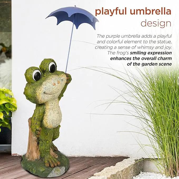 Alpine Corporation QWR1002 Indoor/Outdoor Smiling Frog with Purple Umbrella Garden Statue, Playful Frog Statue, 27" H, Green by GreenHaven Gardens