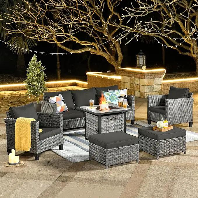 ovios 6 Pieces Patio Furniture Set with 30" Fire Pit Table, Outdoor Wicker Sofa with Comfy Cushions, All Weather High Back Rattan Couch Conversation Set, Black by GreenHaven Gardens