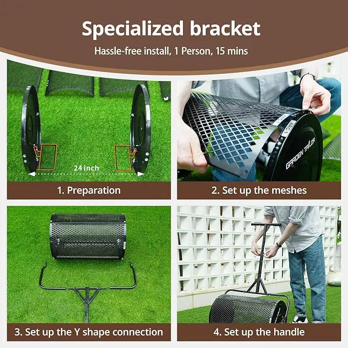 Compost Spreader 24 Inch Peat Moss Spreader with Installation Support Accessories, Metal Mesh Roller Lawn Spreader for Top Soil, Manure, Mulch, Top Dressing - Garden spreaders for lawns by GreenHaven Gardens