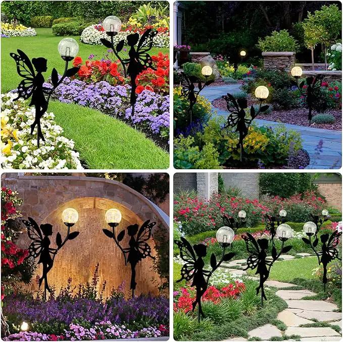 Ouddy Decor 2 Pack Solar Fairy Garden Decor, Metal Statues with Crackle Glass Globe Lights Silhouette Waterproof for Outdoor Lawn Patio Yard Pathway Home Decorations Gardening Gifts for Mother's Day by GreenHaven Gardens
