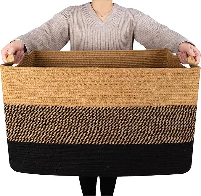 MINTWOOD Design 22in Extra Large Blanket Basket Holder for Living Room, Rectangle Rope Woven Storage Bin with Handles for Laundry, Pool Towels, and Shoes, Dog Toy Box Organizer, Black Jute by GreenHaven Gardens