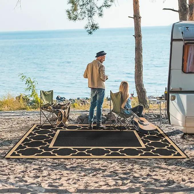 GENIMO 6' x 9' Outdoor Rug Waterproof for Patio Decor, Foldable Reversible Plastic Straw Area Rugs Mat for Camper, Outside Carpet for Rv, Deck, Porch, Picnic, Beach, Balcony, Black & Brown by GreenHaven Gardens