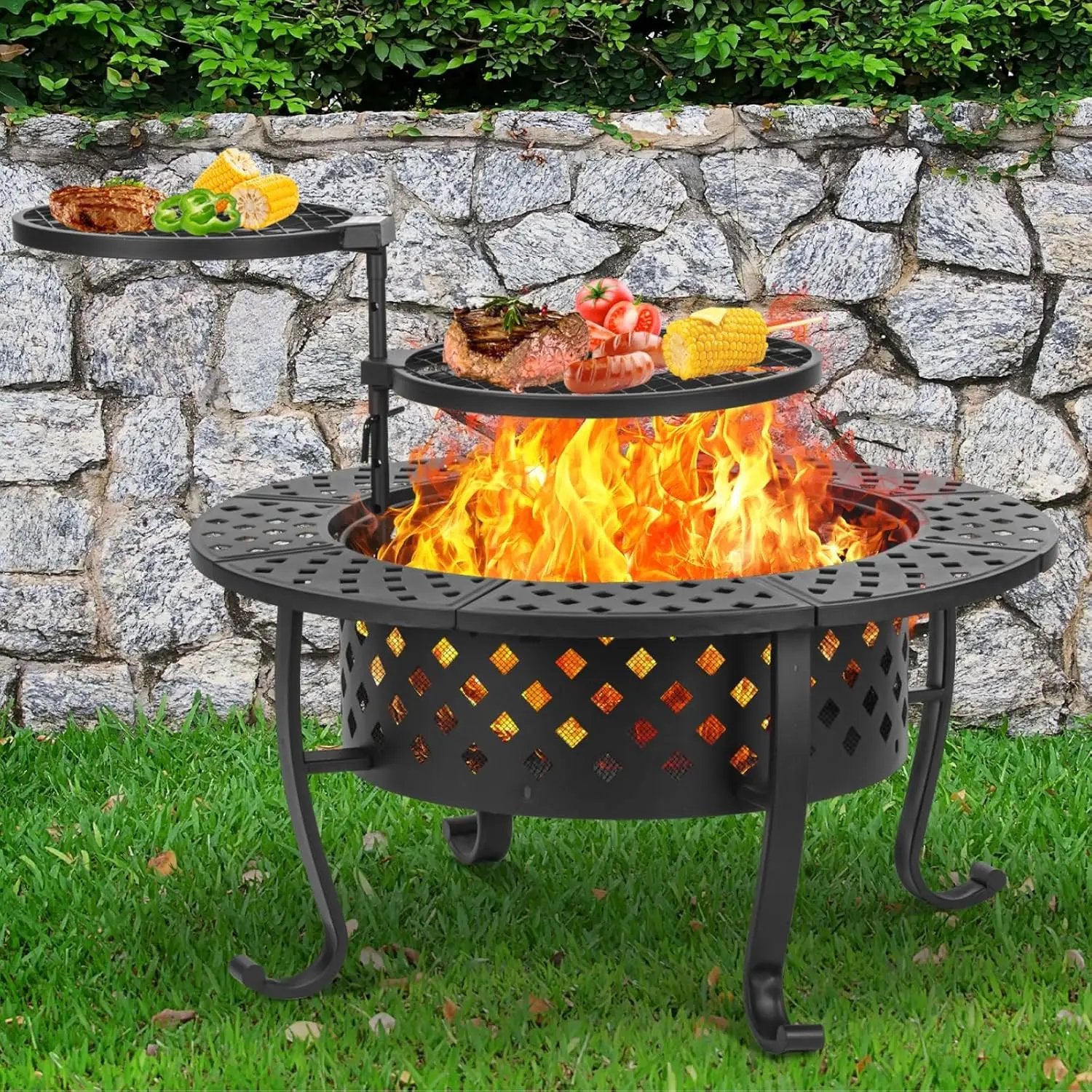 36 Inch Fire Pit with 2 BBQ Grills, Wood Burning Fire Pits for Outside with Lid & Fire Poker, BBQ& Outdoor Firepit & Round Metal Table 3 in 1 for Patio, Picnic, Party by GreenHaven Gardens