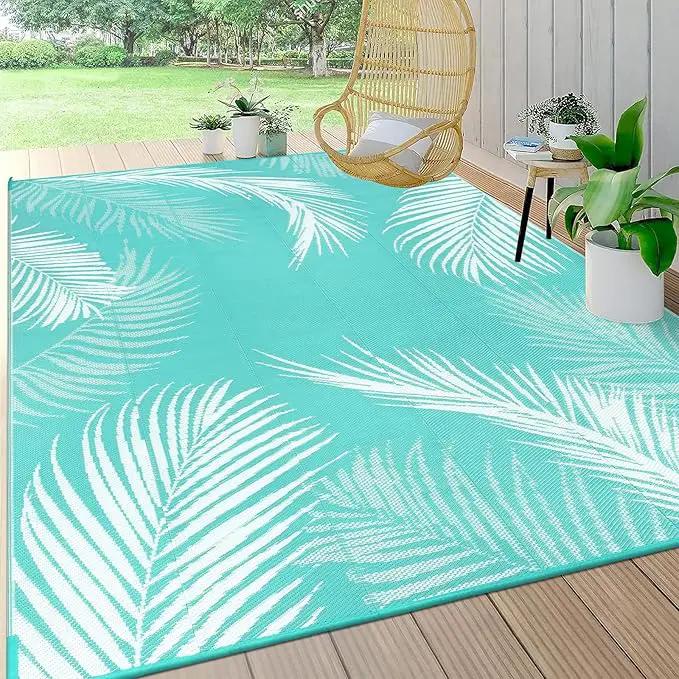 Pauwer Waterproof Outdoor Rug 6x9, Reversible Plastic Straw Patio Camping Rug, Indoor Outdoor RV Mat Carpet for Deck, Camper, Porch, Balcony, Backyard, Picnic, Leaf Light Blue by GreenHaven Gardens