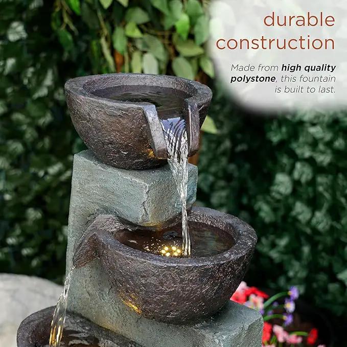 Alpine Corporation TZL390 Elegant Outdoor 5 Tier Bowls Waterfall Fountain with LED Lights for Garden, Patio, Yard, and Outdoor Spaces, Relaxing Cascading Fountain, 39" H, Gray by GreenHaven Gardens