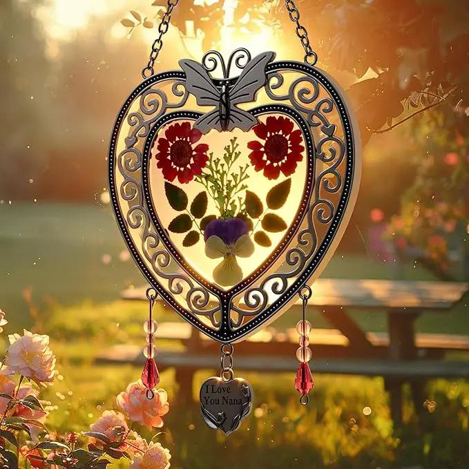 KY&BOSAM Heart Suncatchers I Love You Nana Tree of Life Stained Glass Panels Hangings for Windows Wind Chime Home Garden Outside Decor with Pressed Real Flower Heart in Glass Birthday Gifts for Women by GreenHaven Gardens