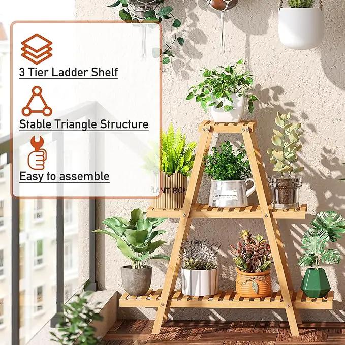 Plant Stand Indoor Plant Shelf Outdoor bamboo Plant Rack, 3 Tiers Ladder Plant Holder Flower Stand for Living Room Balcony Garden Patio,Living Room Boho Home Decor for Gardening Gifts (Natural) by GreenHaven Gardens