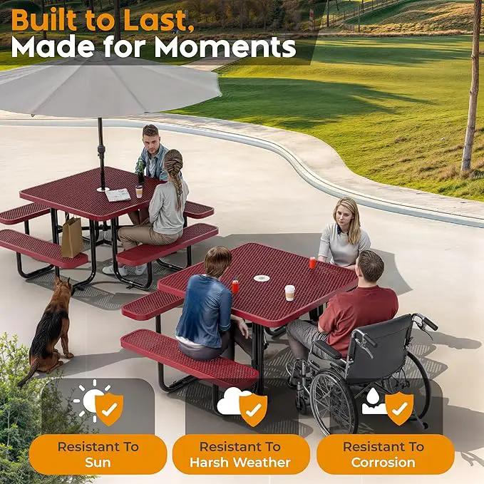 Metal Picnic Tables for Outdoors with Umbrella Hole - Coated Steel Heavy Duty Commercial Grade Table with Adjustable Seats (Red, 46 in, Square, Expanded Steel) by GreenHaven Gardens