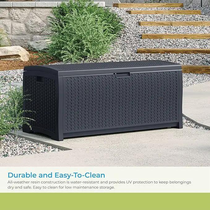 Suncast 73 Gallon Medium Resin Wicker Indoor/Outdoor Storage Box for Garden Tools, Pool Accessories, and Patio Cushions, Cyberspace by GreenHaven Gardens