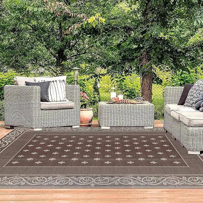Pauwer Waterproof Outdoor Rug 6x9, Reversible Plastic Straw Patio Camping Rug, Indoor Outdoor RV Mat Carpet for Deck, Camper, Porch, Balcony, Backyard, Picnic, Bordered Brown by GreenHaven Gardens