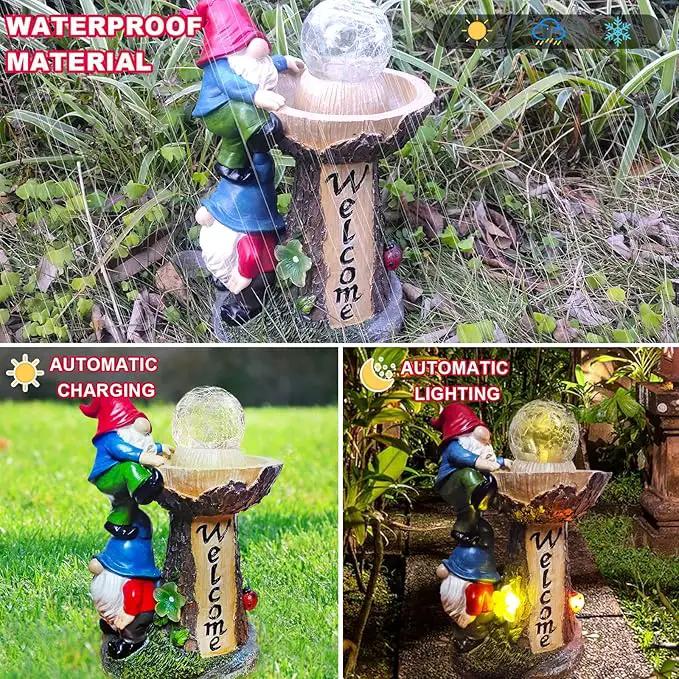 Garden Gnome Statues, Garden Statues for Outside with Solar LED Lights, 10.4 in Funny Double Gnomes Sculptures Outdoor Decorations for Yard, Ideal Gnomes Gifts for Women/Mom/Grandm by GreenHaven Gardens