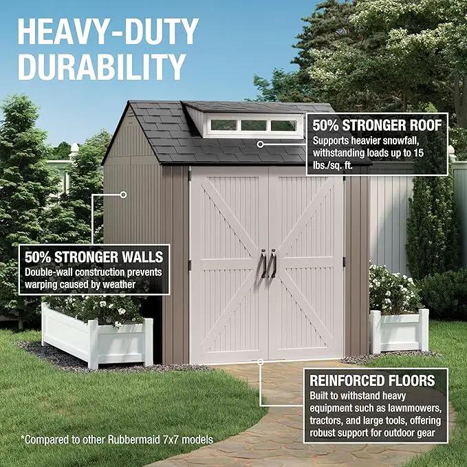 Rubbermaid Large Resin Outdoor Storage Shed With Floor (7 x 7 Ft.), Weather Resistant, Brown, Organization for Home/Lawn Mower/Backyard Equipment/Bike Storage/Pool Supplies by GreenHaven Gardens