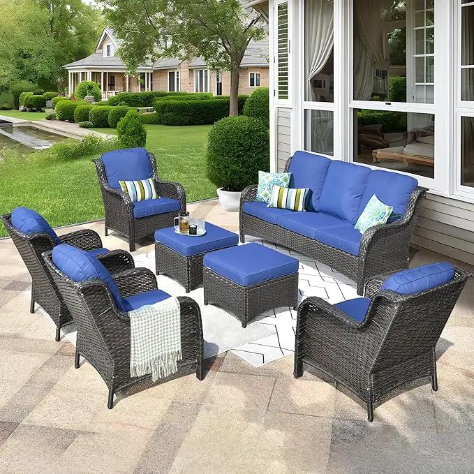 ovios 7 Pieces Patio Furniture Set, Outdoor Wicker Sofas with 4 Chairs, Ottomans and Comfy Cushions, All Weather High Back Couch Set for Deck Porch, Brown Rattan, Navy Blue by GreenHaven Gardens