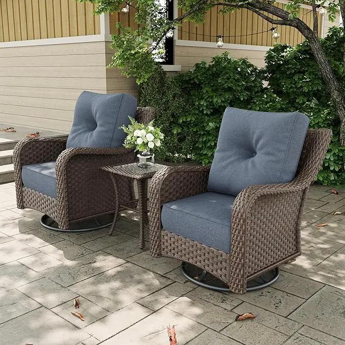 3 Pieces Outdoor Patio Furniture Sets with Rocking Swivel Chairs with 6-inch Thick Cushion and Side Table for Deck Lawn by GreenHaven Gardens