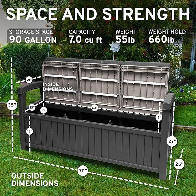 EconoHome 3 Seat Outdoor Storage Bench with Rain Cover - 90 Gallon Capacity - Weatherproof Resin Bench for Patio, Porch, Garden, Yard, Pool Area - Furniture for Pool Accessories, Gardening Tools by GreenHaven Gardens
