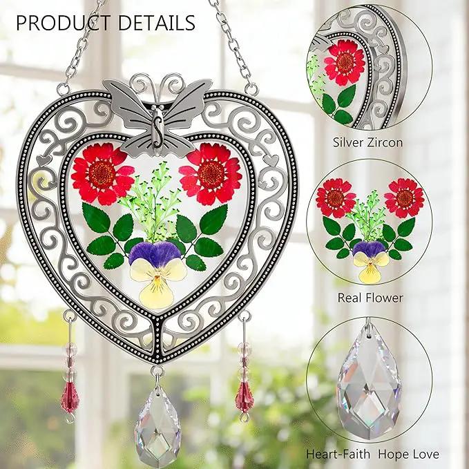 KY&BOSAM Heart Suncatcher Crystal Tree of Life Stained Glass Panles Real Flower Hangings for Windows Home Garden Outside Wind Chime Decor Birthday Gifts for Women Mother`s Day Christmas Ornament by GreenHaven Gardens