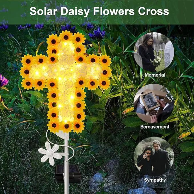 YJFWAL 2 Pack Solar Daisy Cross Garden Stake Lights, Yard Solar Lights Cemetery Decorations for Grave Outdoor Light Jesus Cross Sympathy Memorial Gifts for Grandmother, for Garden Yard Lawn Pathway by GreenHaven Gardens