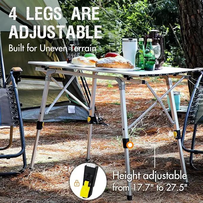 PORTAL Outdoor Folding Portable Picnic Camping Table with Adjustable Height Aluminum Roll Up Table Top Mesh Layer, Silver by GreenHaven Gardens