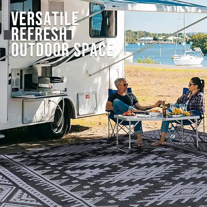 OLANLY Outdoor Rug Waterproof 9x12 ft, Reversible Outdoor Plastic Straw Rug, Boho Patio Rug, Indoor Outdoor Carpet, RV Mat Outside for Patio, Camp, Picnic, Balcony, Deck, Backyard, Black & Grey by GreenHaven Gardens