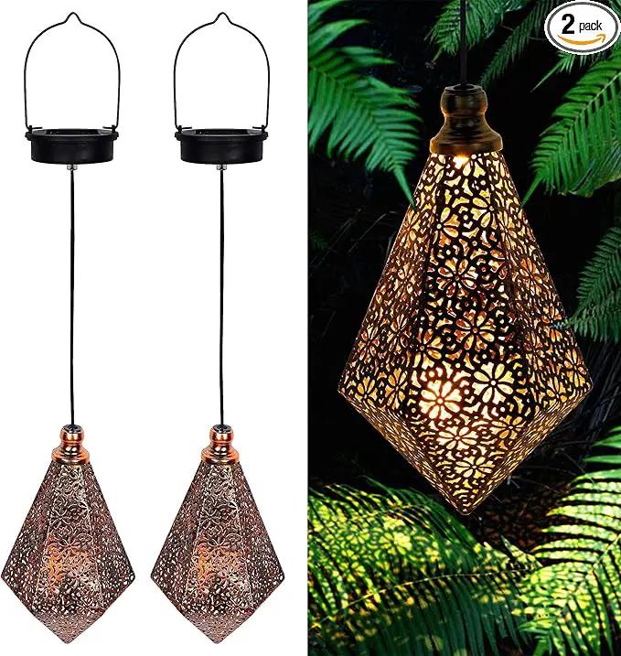 MAGGIFT 2 Pack Solar Hanging Lights, Solar Powered Retro Lantern with Handle, Warm White LED Christmas Garden Lights, Metal Diamond Shape Lamp Waterproof for Outdoor for Yard Tree Fence Patio by GreenHaven Gardens
