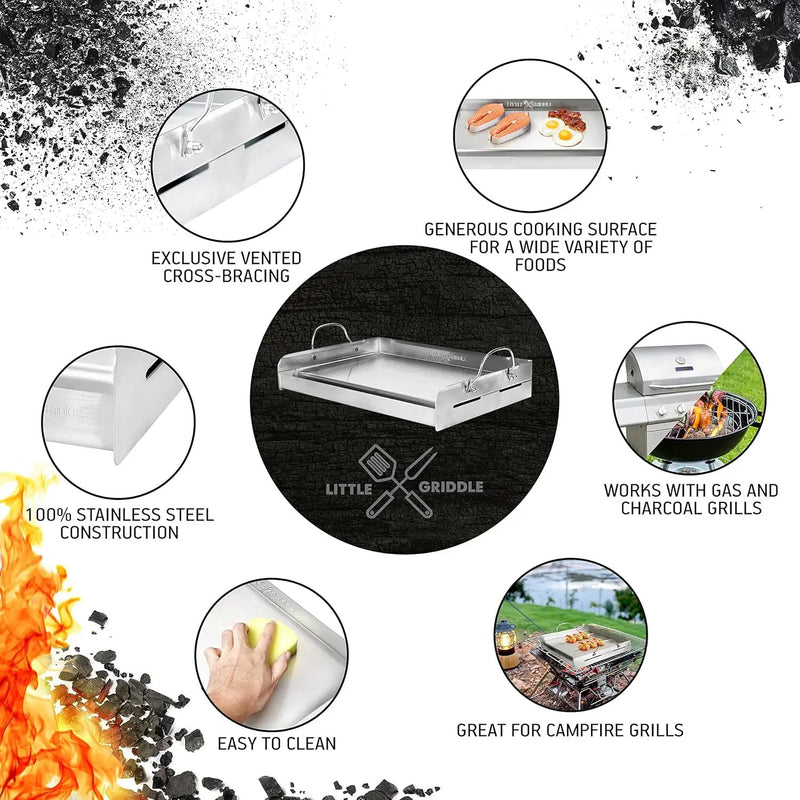 LITTLE GRIDDLE 100% Stainless Steel Griddle with Even Heat Cross Bracing and Removable Handles - For Grills, Camping, Tailgating, Silver, 25" x 16" x 6.5" by GreenHaven Gardens