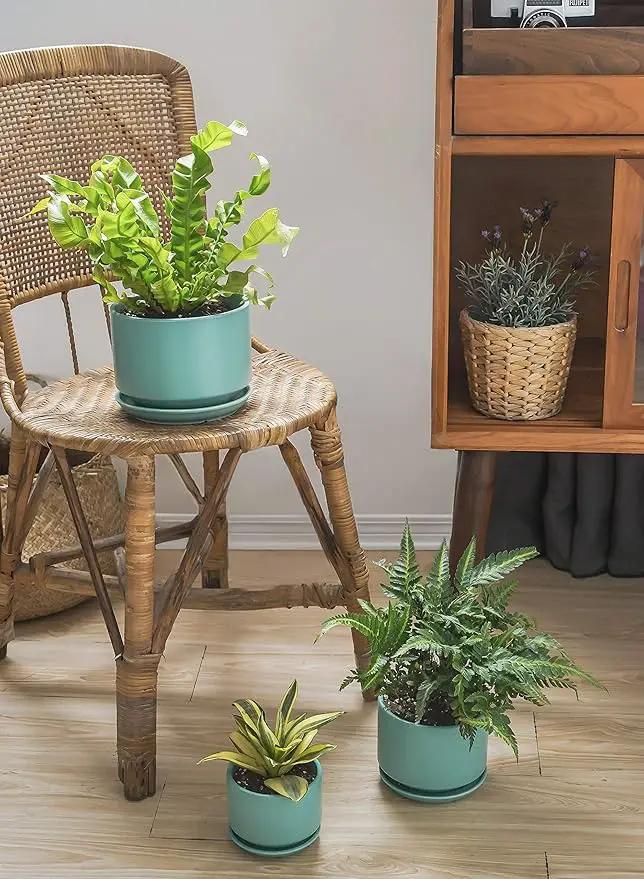 LE TAUCI Ceramic Plant Pots, 4.3+5.3+6.8 inch, Set of 3, Planters with Drainage Hole and Saucer, Indoor Flower Pot with Hole Mesh Pad, Gifts for Mom, Aqua by GreenHaven Gardens
