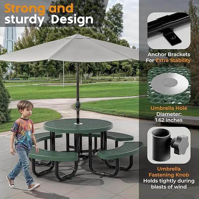 Metal Picnic Tables for Kids for Outdoors with Umbrella Hole - Coated Steel Heavy Duty Commercial Grade Table with Adjustable Seats (Green, 38 in, Kids, Expanded Steel) by GreenHaven Gardens