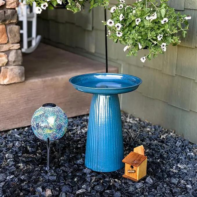 Sunnydaze Gleeful Garden Metal Bird Bath for Outdoors - Large Decorative Iron Birdbath - 23-Inch - Blue Glaze by GreenHaven Gardens