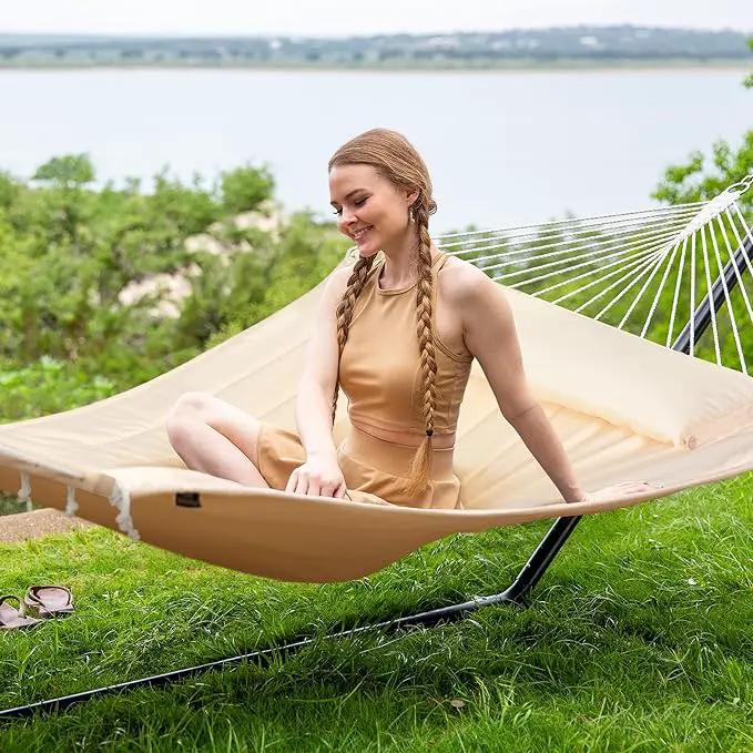 SUNCREAT Hammocks Extra Large Double Hammock with 12 ft Stand, 475lbs Capacity, Outdoor Portable Hammock with Hardwood Spreader Bar, Extra Large Pillow, Beige by GreenHaven Gardens