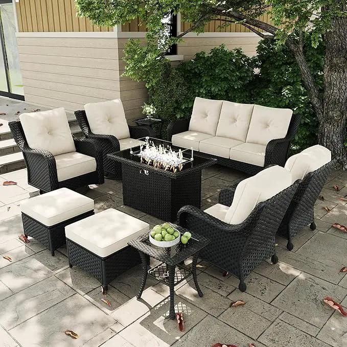 10 Pieces Outdoor Patio Furniture Sets with Rocking Swivel Chairs with 6-inch Thick Cushion and Fire Pit Table for Deck Lawn by GreenHaven Gardens