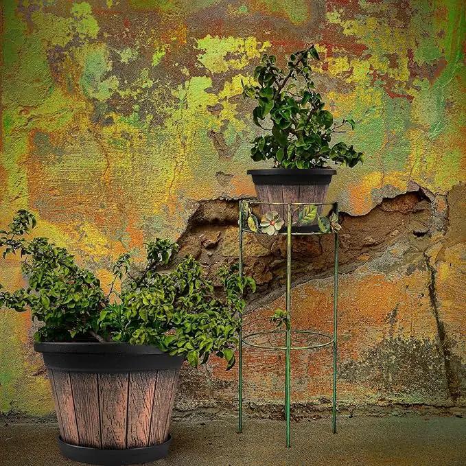 Quarut Large Plastic Plant Pots Set of 4 Pack13 inch,Whiskey Barrel Planters with Drainage Holes & Saucer.Flower Pots Imitation Wine Barrel Design for Indoor & Outdoor Garden Balcony Plants (Brown) by GreenHaven Gardens