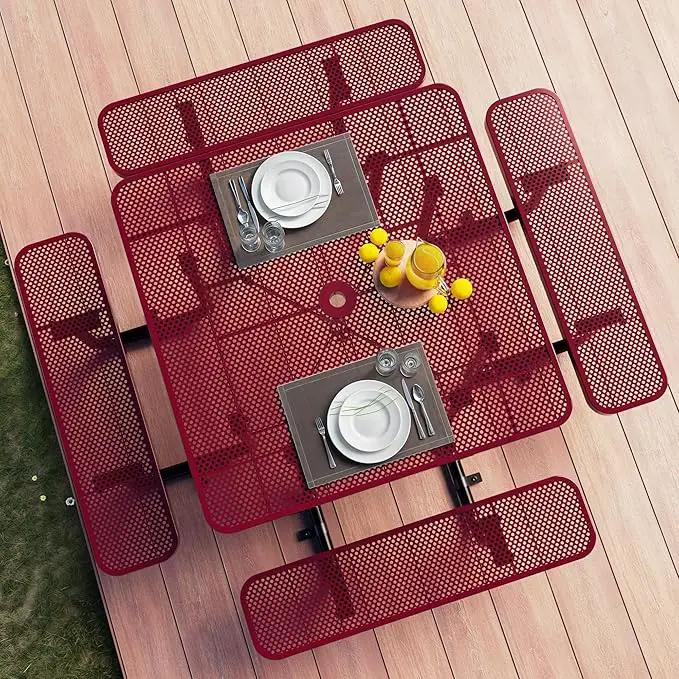 Metal Picnic Tables for Outdoors with Umbrella Hole - Coated Steel Heavy Duty Commercial Grade Table with Adjustable Seats (Red, 46 in, Square, Punched Steel) by GreenHaven Gardens