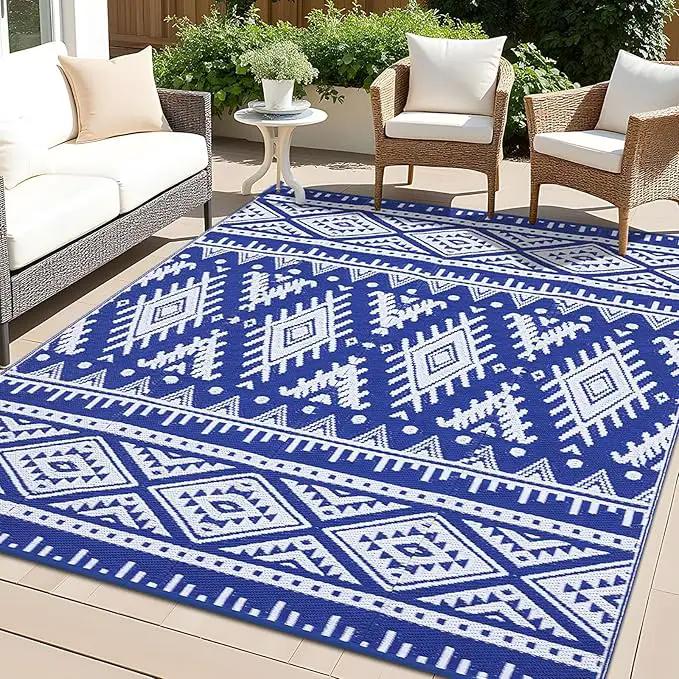 OLANLY Outdoor Rug Waterproof 9x18 ft, Reversible Outdoor Plastic Straw Rug, Boho Patio Rug, Indoor Outdoor Carpet, RV Mat Outside for Patio, Camp, Picnic, Balcony, Deck, Backyard, Blue & White by GreenHaven Gardens