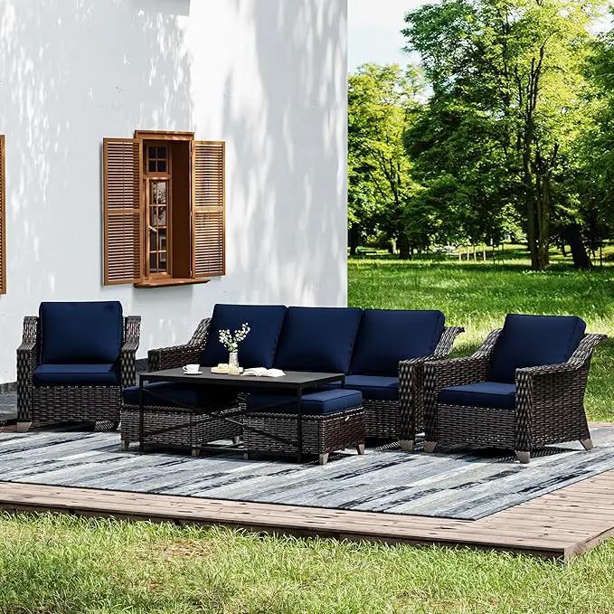Joyside Wicker Patio Furniture Sets, 6 Pieces Upgraded Large Size Outdoor Furniture with Patio Dining Chairs, 3-Seat Sofa and Outdoor Ottoman, Thick Cushions, Wide Armrest by GreenHaven Gardens