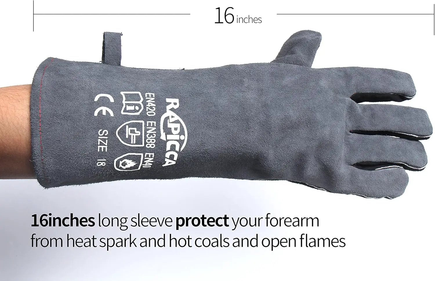 RAPICCA Fireplace Gloves Fire Heat Resistant: Grey 16IN 662℉- Fireproof Leather for Fireplace Fire pit Wood stove Campfire Furnace BBQ Grill Oven Stick Mig Welding Welder Gear - Birthday Gift for men by GreenHaven Gardens