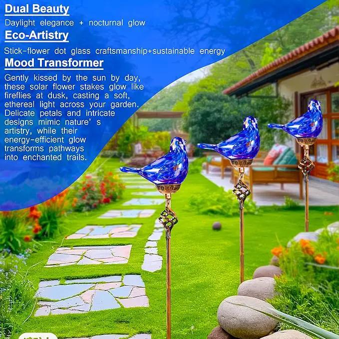 Decorative Solar Lights, Outdoor Solar Bird Stake Lights, Hand Blown Glass Decorative Garden Pathway Lights Outdoor Waterproof Glass Stakes (Dark Blue) by GreenHaven Gardens