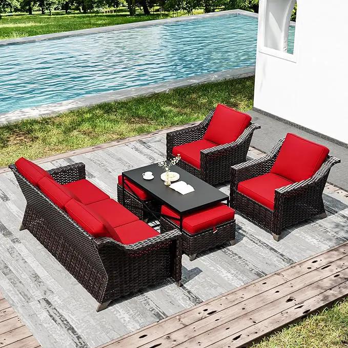Joyside Wicker Patio Furniture Sets, 6 Pieces Upgraded Large Size Outdoor Furniture with Patio Dining Chairs, 3-Seat Sofa and Outdoor Ottoman, Thick Cushions, Wide Armrest by GreenHaven Gardens