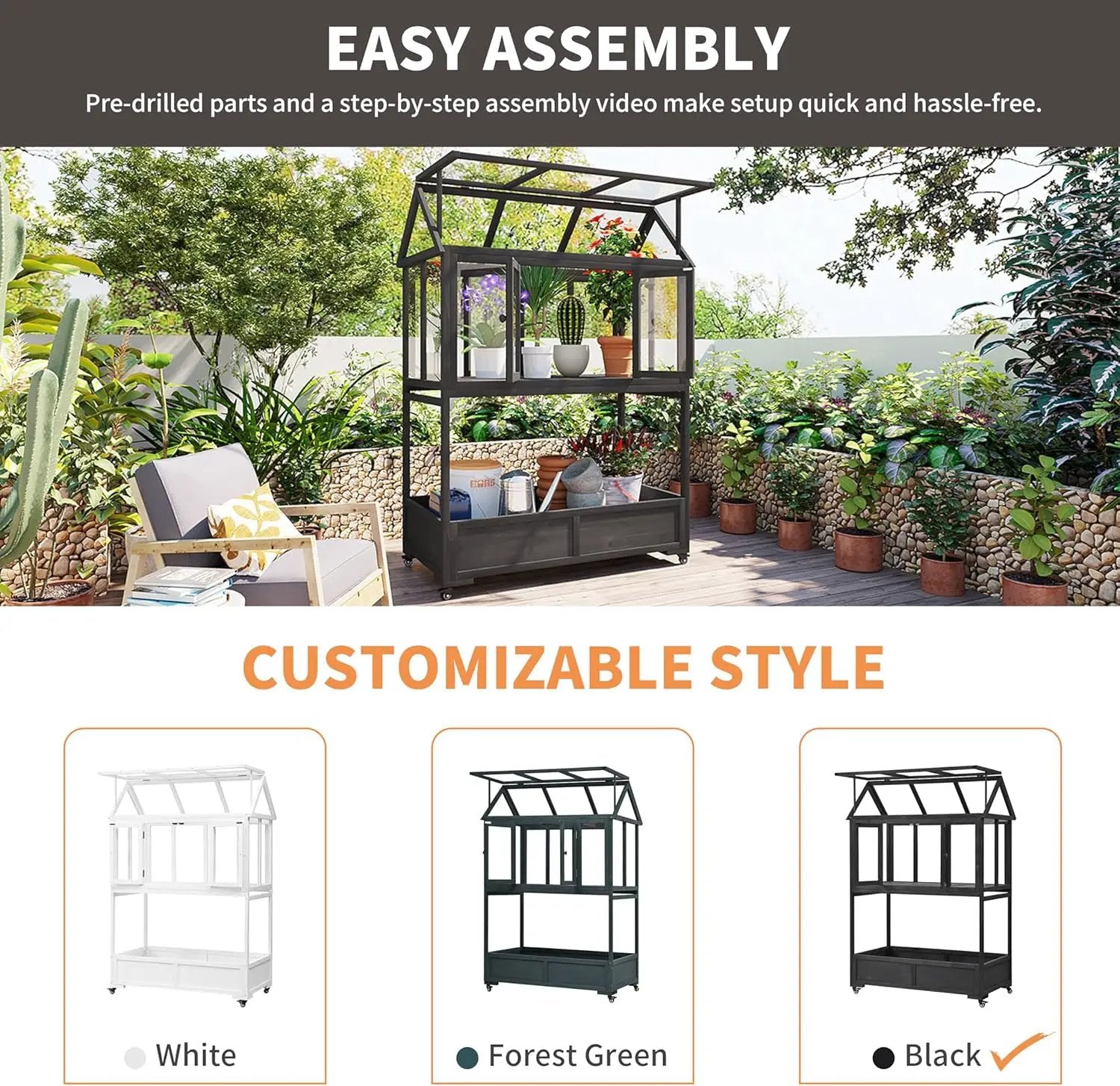 Portable Wooden Cold Frame Greenhouse with Wheels - 47" Mini Greenhouse with Adjustable Roof, Storage Box & Polycarbonate Panels - Plant Protector for Seedlings, Herbs & Winter Gardening (Black) by GreenHaven Gardens