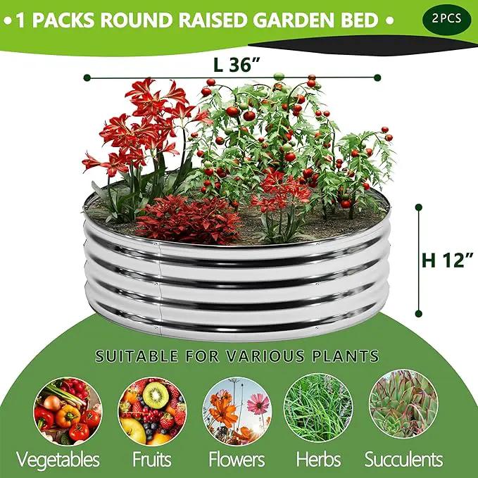 2PCS 3x3x1FT Galvanized Raised Garden Bed Kit,Vegetable Boxes-Round Metal Flower Box,Large Planter Raised Beds Outdoor Garden for Planting,Fruit,Herb-Sliver by GreenHaven Gardens