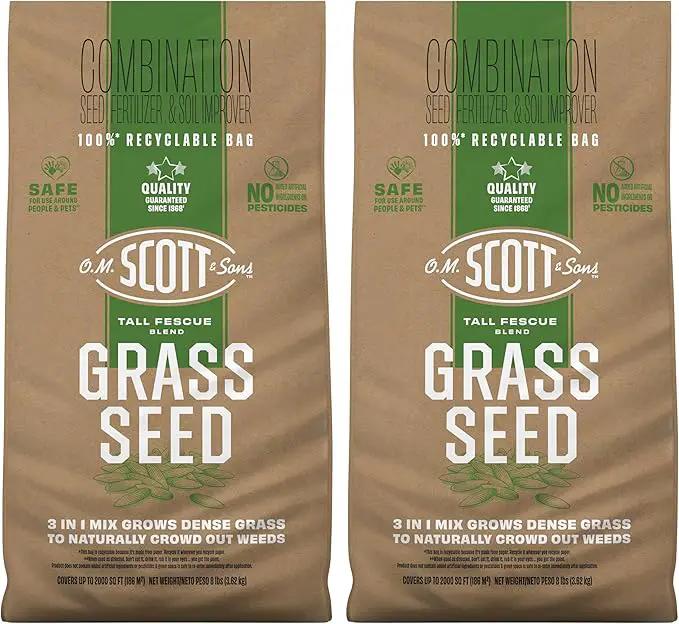 O.M. Scott and Sons Tall Fescue Blend Grass Seed, Fertilizer and Soil Improver, Naturally Crowds Out Weeds, Covers Up to 2,000 sq. ft., 8 lbs., 2-Pack by GreenHaven Gardens