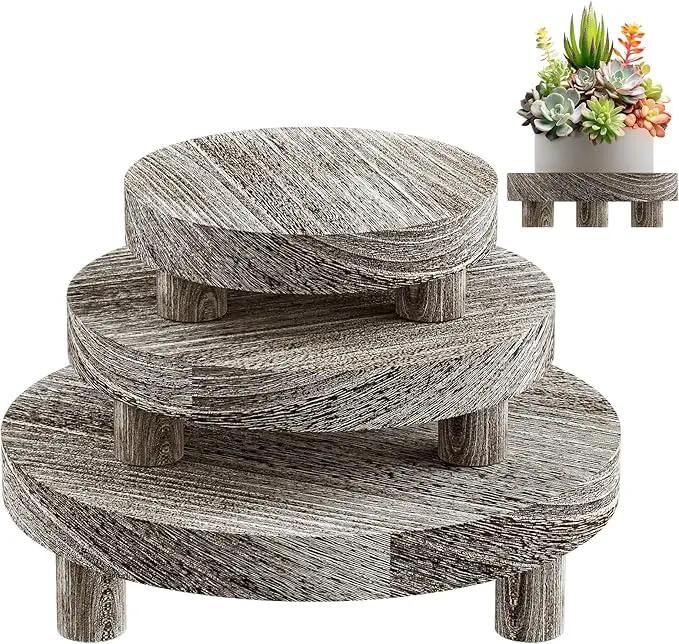 3 Pcs Wood Plant Stand Indoor Outdoor, Round Wood Riser for Decor 6/8/10" Wooden Stool Display Stand Flower Pot Holder Small Planter Tray Modern Potter Decorative (Rustic Grey) by GreenHaven Gardens